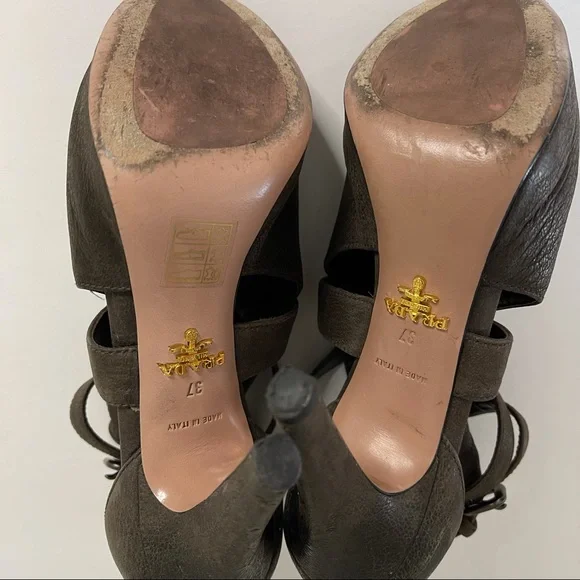 Prada Brown Suede Leather Cutout Peep-toe Stiletto Heels Platform Sz 37 Italy - Picture 5 of 14